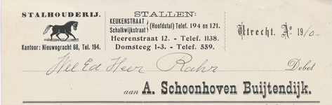 712038 Kop van een nota van A. Schoonhoven Buijtendijk, Stalhouderij, Kantoor: Nieuwegracht 68; Stallen: Keukenstraat / ...